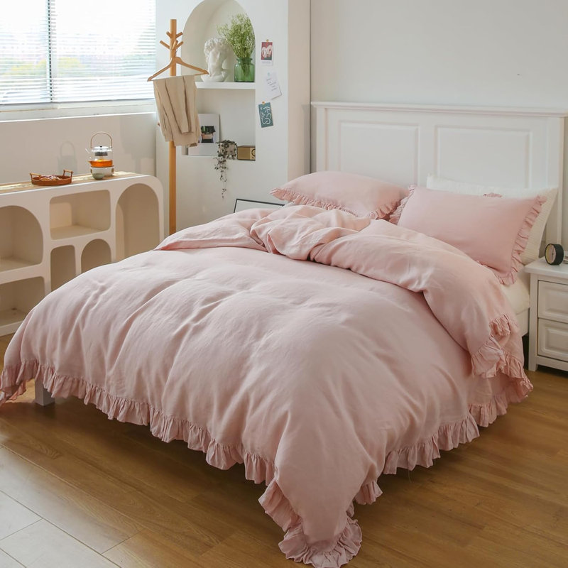 Ensemble de housse de couette 100% lin, Housse de couette double + 2 taies d'oreiller stan, Blush Pink