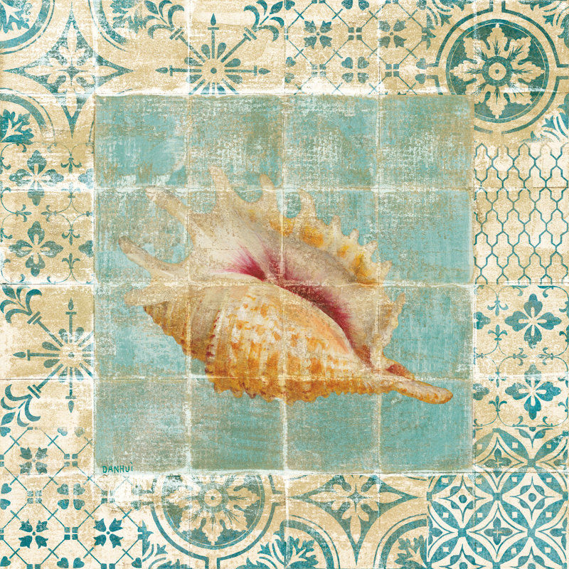 «Shell Tiles II Blue» par Danhui Nai - impression sur toile tendue, H 20 po x l 20 po, Toile avec cadre doré, Pas de tapis