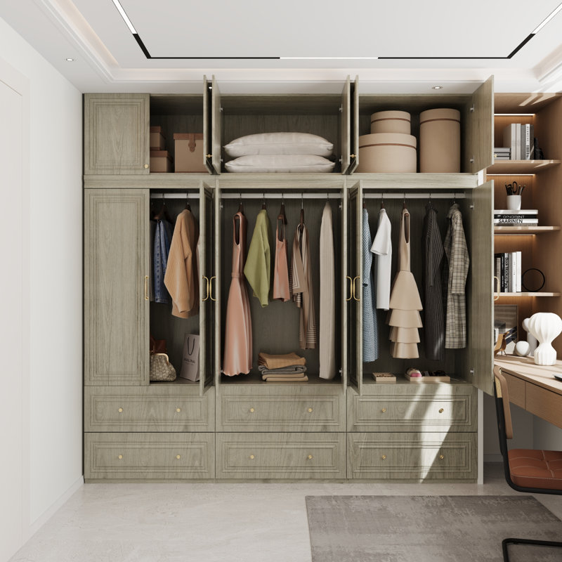 Armoire-penderie de grande taille (94,5 po) de largeur, avec 6 portes, 6 tiroirs et tringles à vêtements., Natural Birch