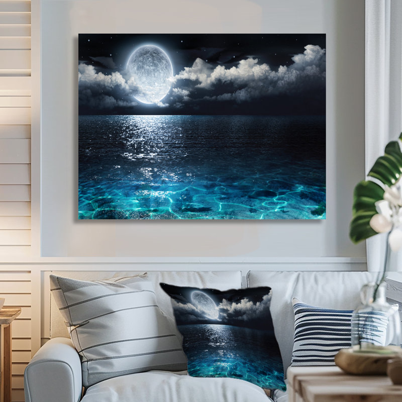 Pleine lune romantique au-dessus de la mer - impression, Toile tendue, H 24 po x l 32 po