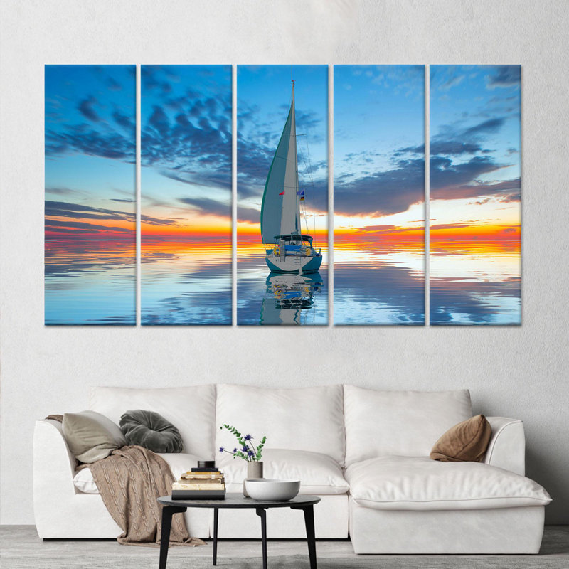 Coucher de soleil sur un bateau à voile, art mural moderne, toile tendue 5P, Hauteur : 59,1 pouces x Largeur : 110,2 pouces