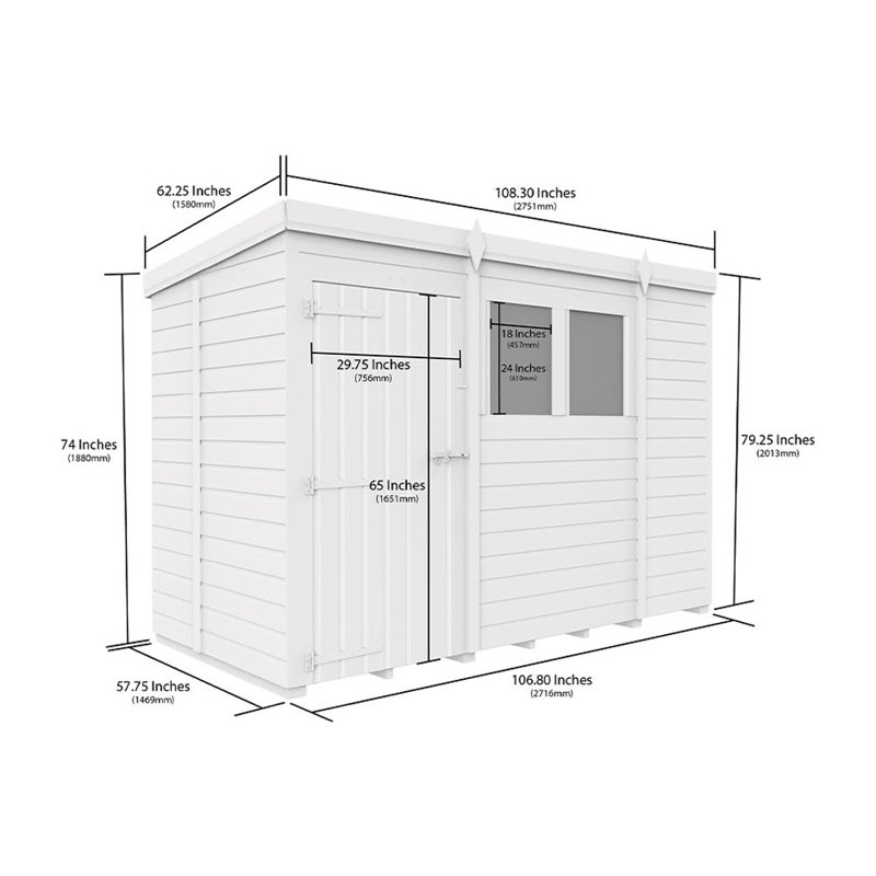 9ft x 5ft Pent Shed - Single Door with Windows