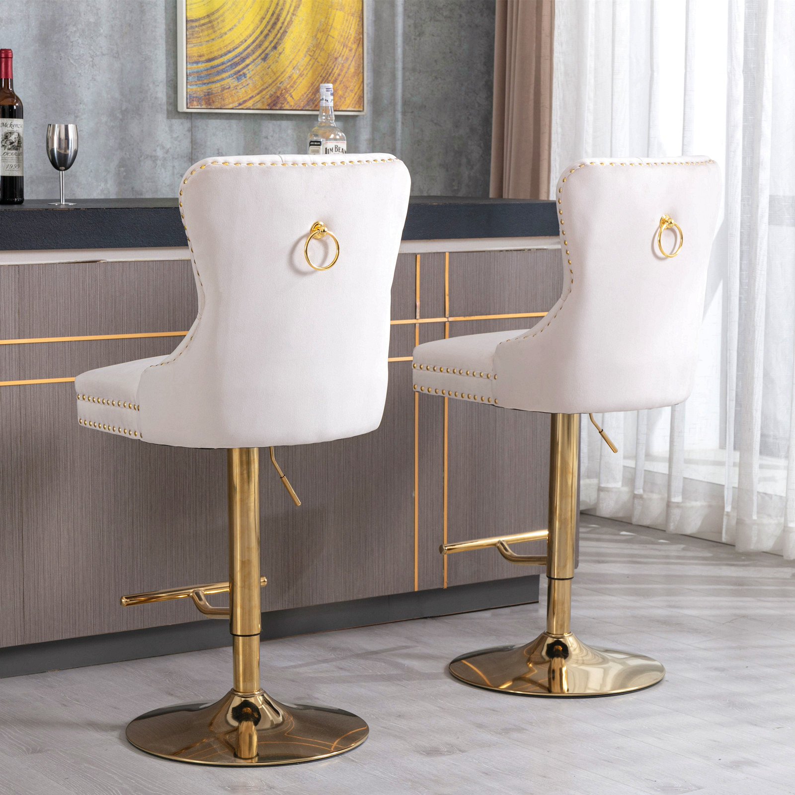 Everly Quinn Thick Golden Swivel Velvet Barstools Adjusatble Seat ...