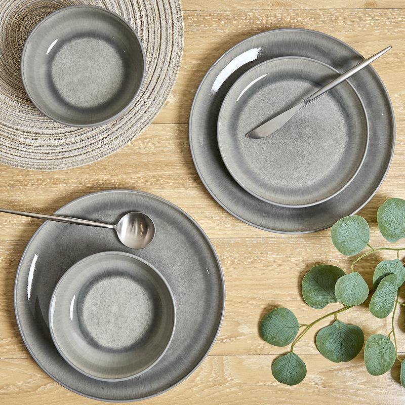 Ensemble de vaisselle en grès de 12 pièces Sango Asher - Service pour 4, ensemble d'assiettes et de bols, Gris