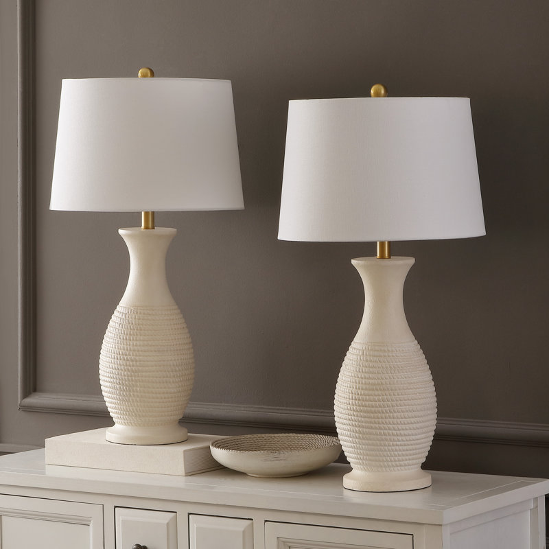 Gray and White Coastal Resin Table Lamp Set with Empire Shade