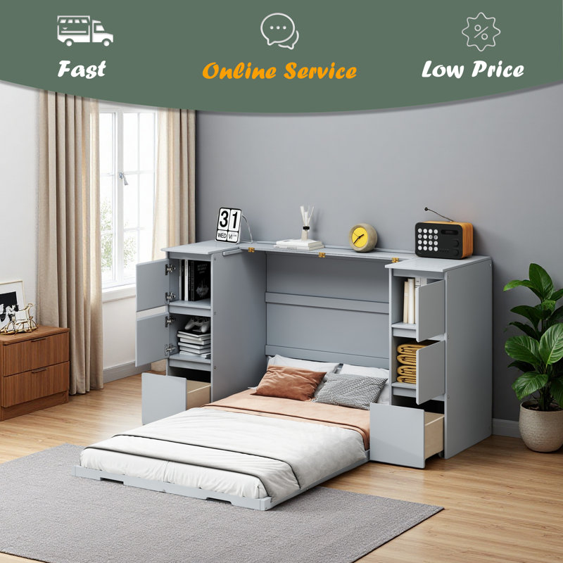Armoire lit escamotable avec chaise, bureau et tiroirs Murphy, Simple, Gris