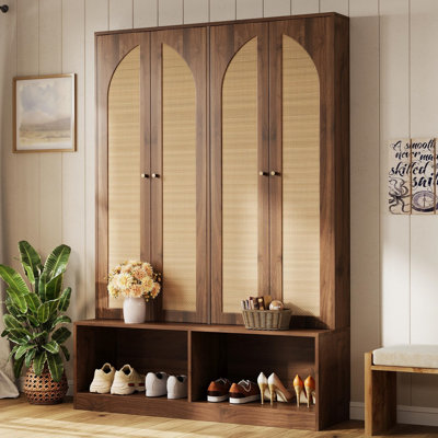 Farmhouse Entryway Hall Tree with Rattan Doors, 4-in-1 Seating Bench & Shoe Cabinet with Hooks by Bay Isle Home