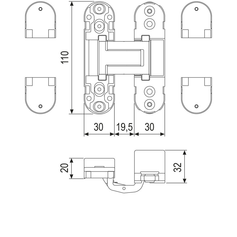 Charnière de porte invisible / dissimulée H 4,6 po x l 1,2 po Eclipse 2.0, Acier Inoxydable, Bronze émaillé