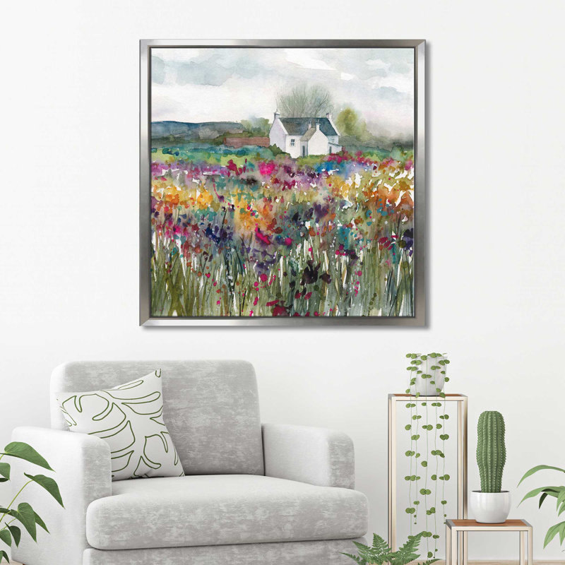 «Wildflower Cottage» par Carol Robinson - Peinture, Cadre flottant argent, H 31,5 po x l 31,5 po x P 2 po
