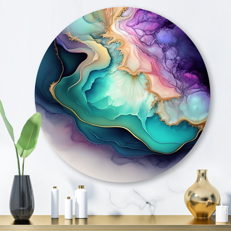 Décoration murale ronde en métal bleu mauve abstrait Geode II, H 29 po x l 29 po x P 1 po