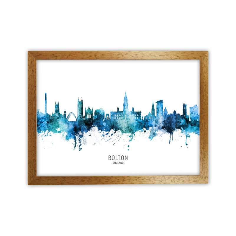 Bolton England Skyline Blue City Name by Michael Tompsett - Print, 25cm H x 34cm W x 3cm D, Oak Framed