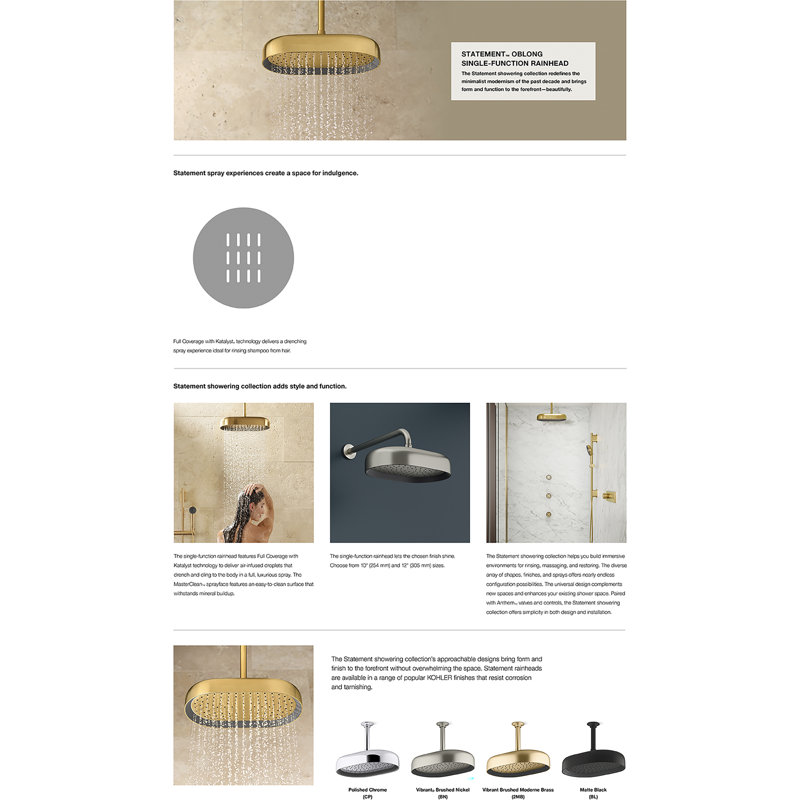 Statement 14" Single-Function Wall or Ceiling-Mount Round Rainhead, Oblong Rain Showerhead 2.5 GPM