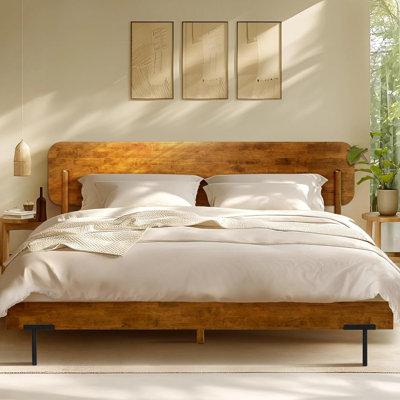 Lit plateforme très grand en bois massif avec tête de lit Frida, structure de lit scandinave au fini caramel compatible avec tous les matelas, capacité de 800 lb, aucun sommier requis, assemblage sans effort, garantie de 5 ans sur les meubles de chambre à coucher