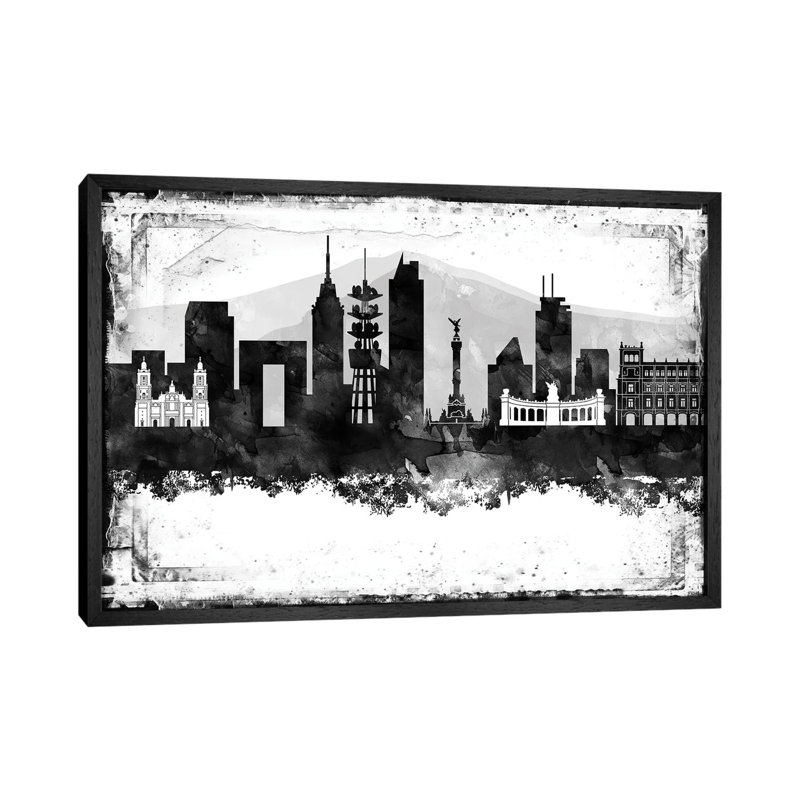 Mexico City Black And White Framed Skylines by WallDecorAddict - Floater Frame Gallery-Wrapped Canvas Giclée on Canvas