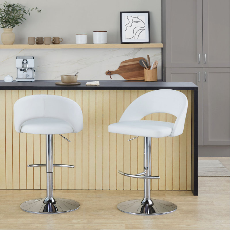 Tabouret de bar réglable avec pivot en métal chromé et similicuir avec repose-pieds rond en T - ensemble de 2, Blanc