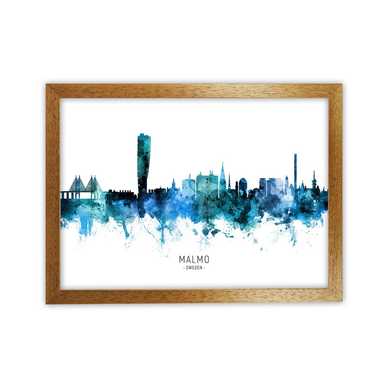 Malmo Sweden Skyline Blue City Name by Michael Tompsett - Print, 46cm H x 63cm W x 3cm D, Oak Framed