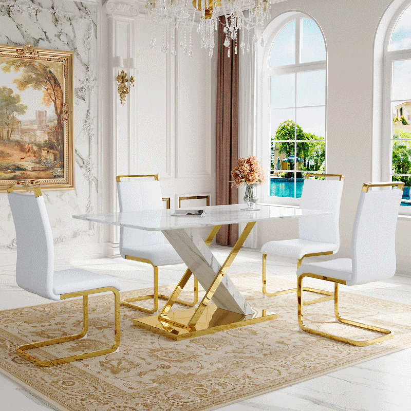 Glass Dining Table Set For 4, White, White, 5 Pieces: Table, 4 Chairs