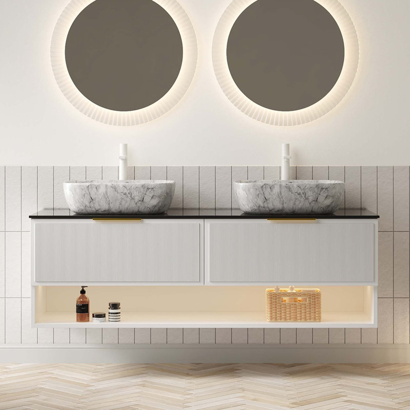 Meuble-lavabo de salle de bain avec lavabo, armoire de rangement en contreplaqué flottant, 2 tiroirs et tablette à rayures fines, capteur de lumière, vasque en céramique à motif marbré et plateau en pierre frittée, pré-assemblé