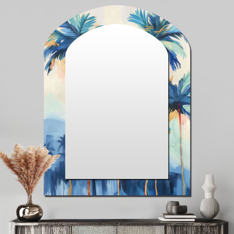 «Blue and Gold Palm Tree forest in California I» - miroir décoratif arqué bleu, miroir mural asymétrique traditionnel, impression d'art en métal