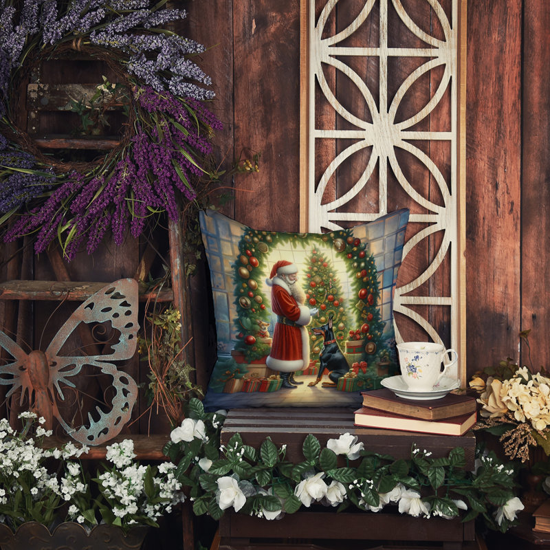 Coussin Doberman Pinscher and Santa Claus, H 14 po x l 14 po