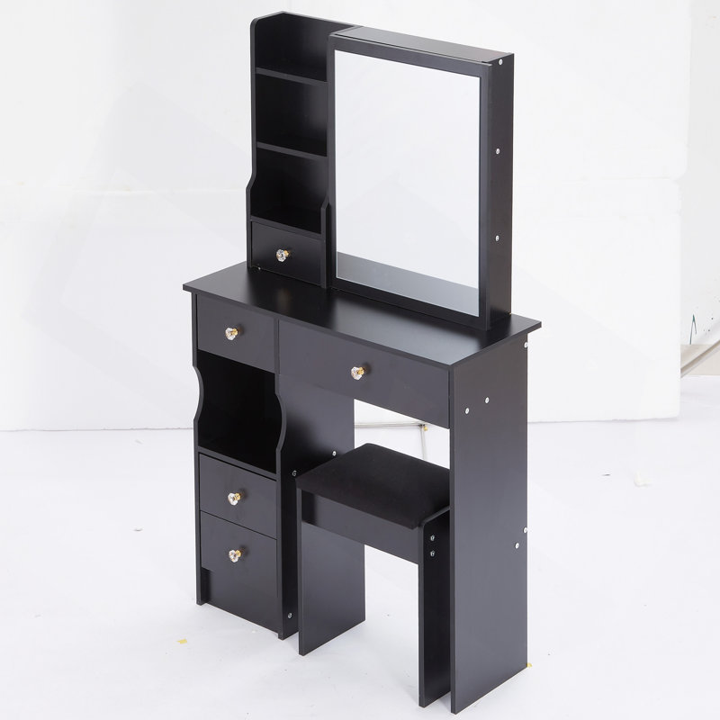 Vanity Desk, 29.2" Small Space Left Drawer Desktop Vanity Table , Cushioned Stool, Extra Large Right Sliding Mirror, Multi Layer High Capacity Storage, Practical Fashionable Dresser, Suitable For Small Space
