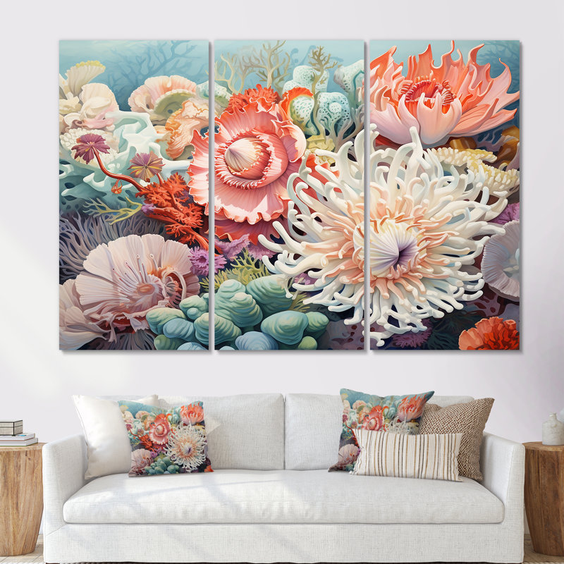 Ensemble d'art mural anémone marine - corail sous l'eau, Toile tendue, H 40 po x l 60 po x P 1 po