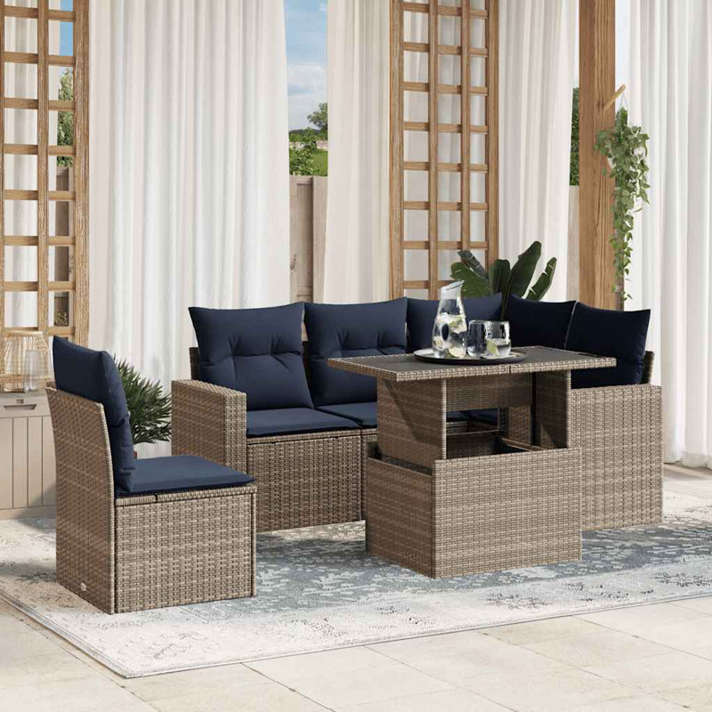 Ensemble de canapé de patio 6 pièces avec coussins en rotin de polyester, Gris, Marine