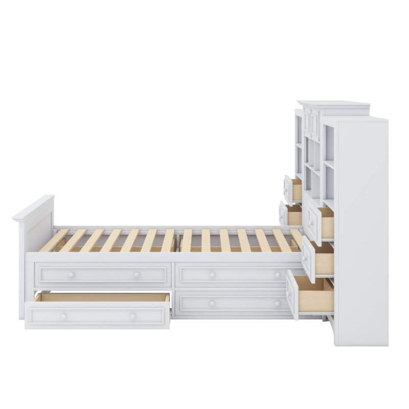 Lit plateforme simple en bois avec armoire verticale intégrée et double ensemble de 4 tiroirs de chaque côté, Blanc