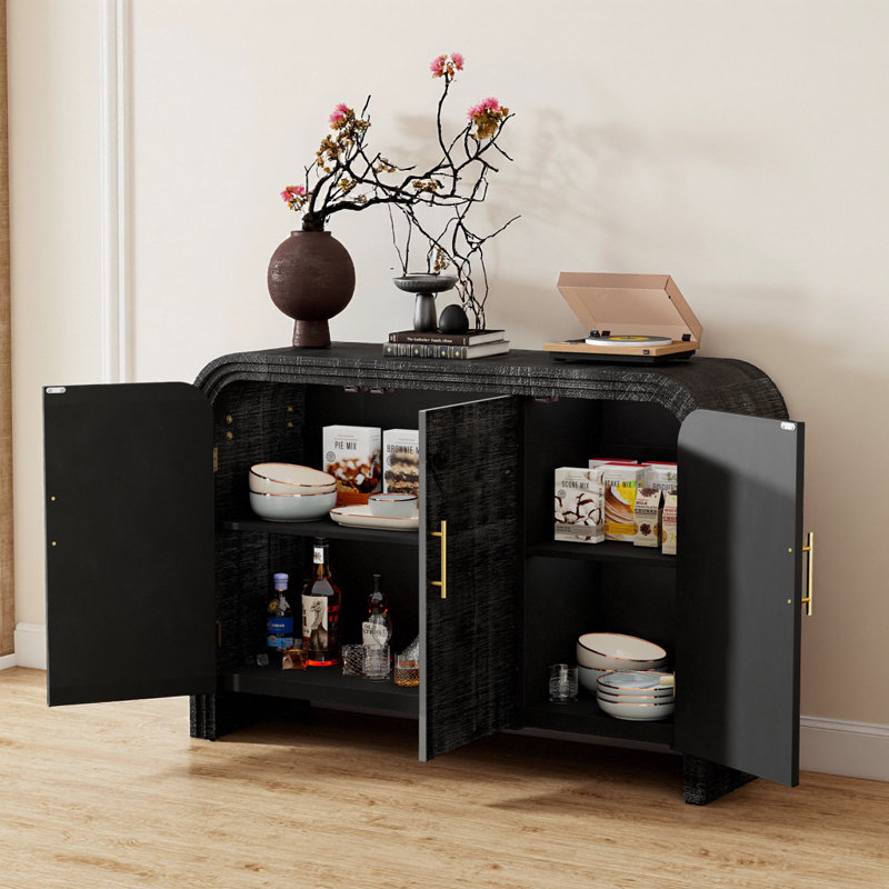 47" Curved Retro Sideboard – Antique Black, Handles, Adjustable Shelves, Black