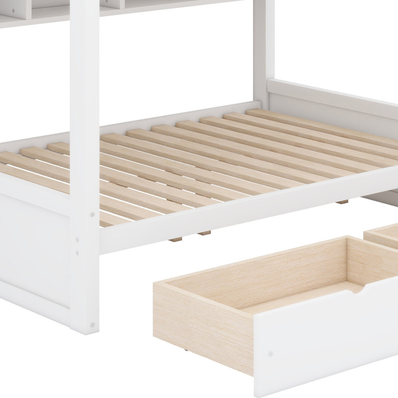 Système de lit superposé multifonctionnel, équipé de tablettes de rangement, de tiroirs sous le lit et d'un éclairage à DEL décoratif