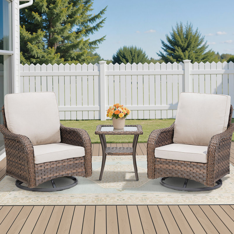 Ensemble de meubles d'extérieur 3 pièces, chaise berçante pivotante pour l'extérieur, ensemble bistro de patio en osier avec tablette latérale pour terrasse, beige