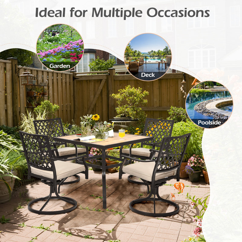 Ensemble de salle à manger en rotin avec coussins moelleux 5 pièces Patiojoy 4 chaises pivotantes avec table de salle à manger pour piscine et jardin gris