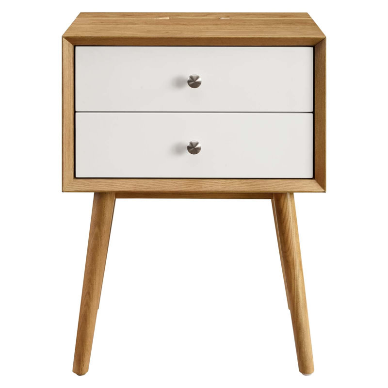 Ember Wood Mid-century Modern Nightstand, White/Natural
