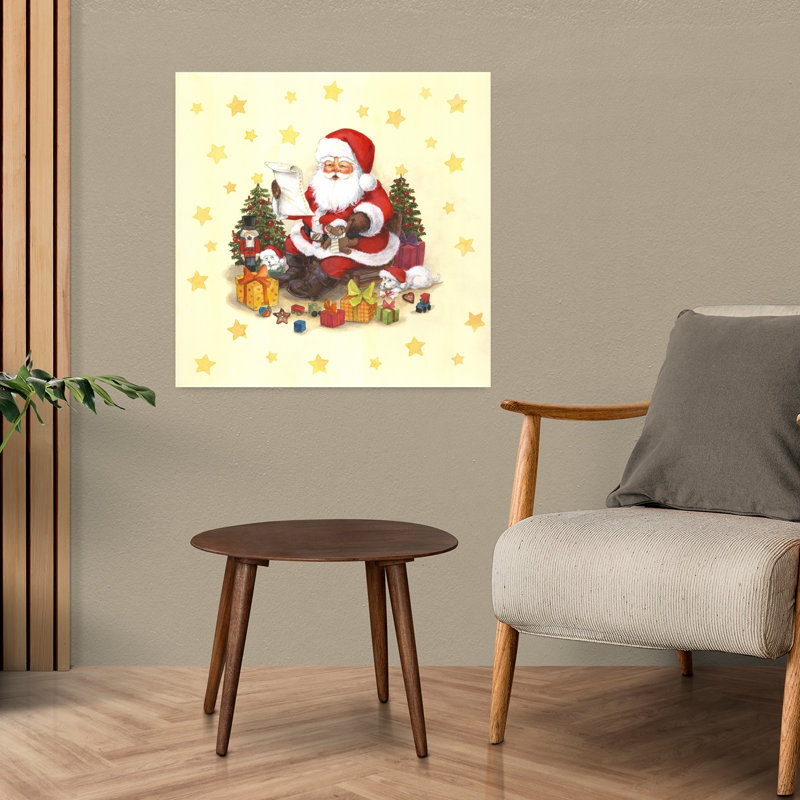 Festive Santa And Puppies Traditional Whimsical Abstract Christmas Tree Bear Winter Landscape Wall Art Print by Renate Holzner - Wrapped Canvas Print