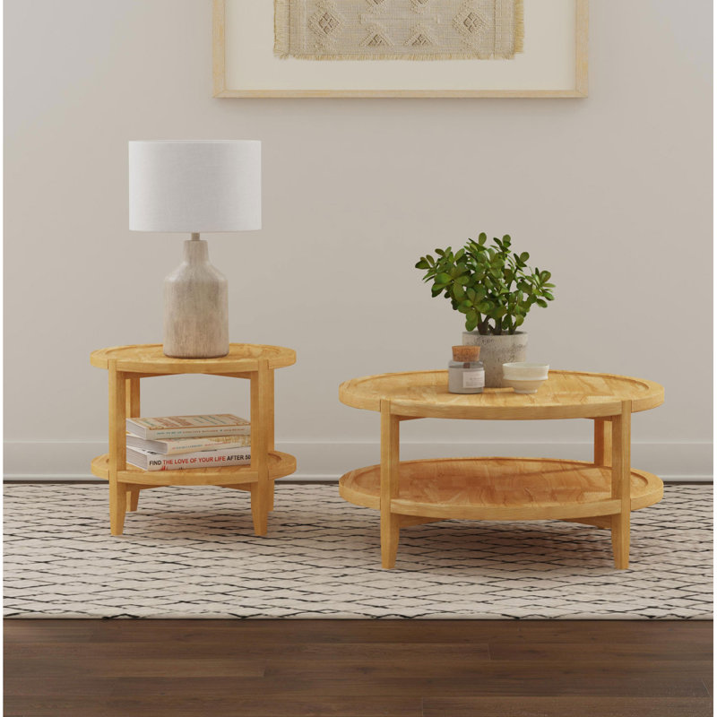 Table de bout ronde en bois avec tablette inférieure, brun érable