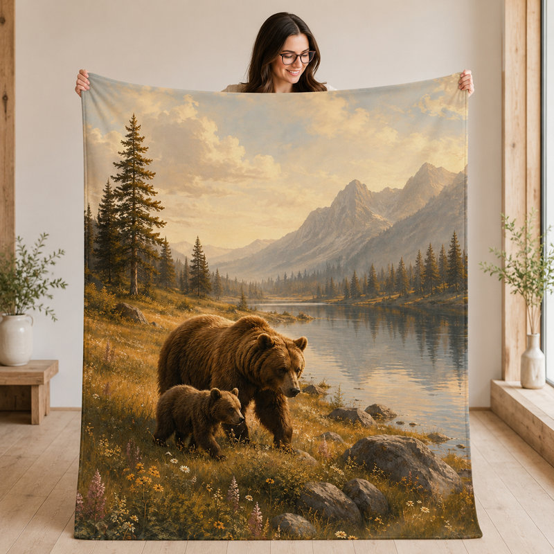 Couverture en flanelle à motif ours grizzly et son ourson, lac de montagne et prairie fleurie, imprimé animalier pittoresque pour canapé, lit, chalet, gîte, 127 x 152 cm