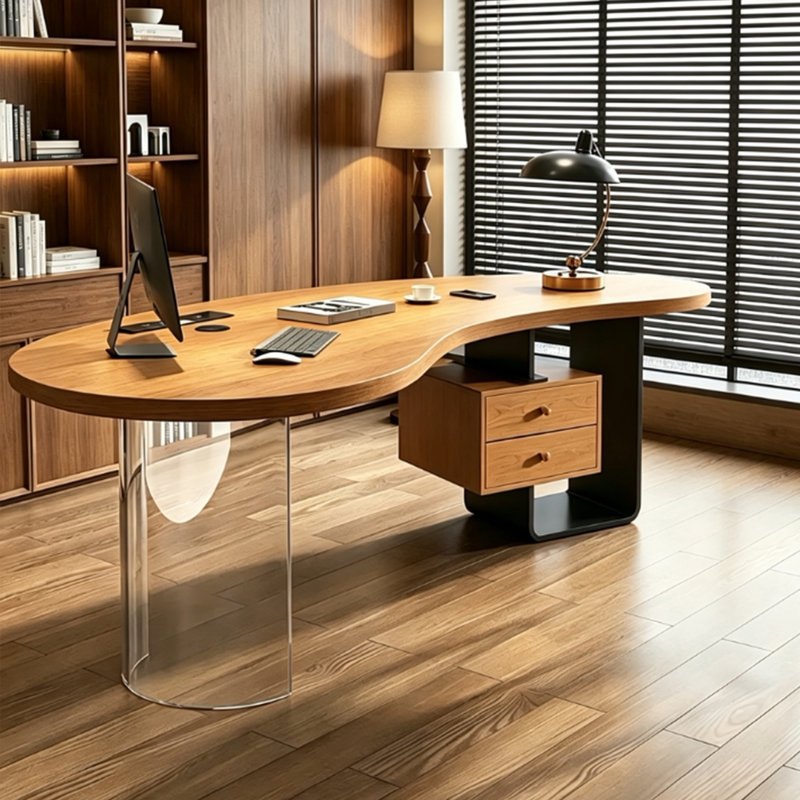 Bureau sculptural moderne de style milieu du siècle, 62,99 po, en pin massif avec plateau incurvé, pieds en acier et acrylique transparent