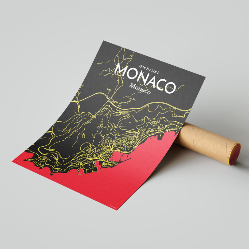 Monaco City Map, impression, Noir / rouge / jaune, H 20 po x l 16 po