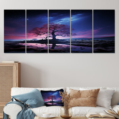 «Blue and Pink Tree In Northern Lights I», art mural 5 pièces