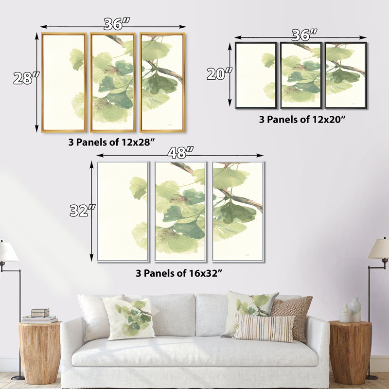 Watercolor Gingko Leaves II - 3 pièces, reproduction sur toile, 28" H x 36" W x 1" D, Cadre noir