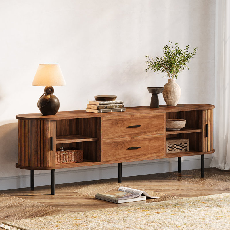 Meuble télé en bois manufacturé avec tablettes réglables, Noyer