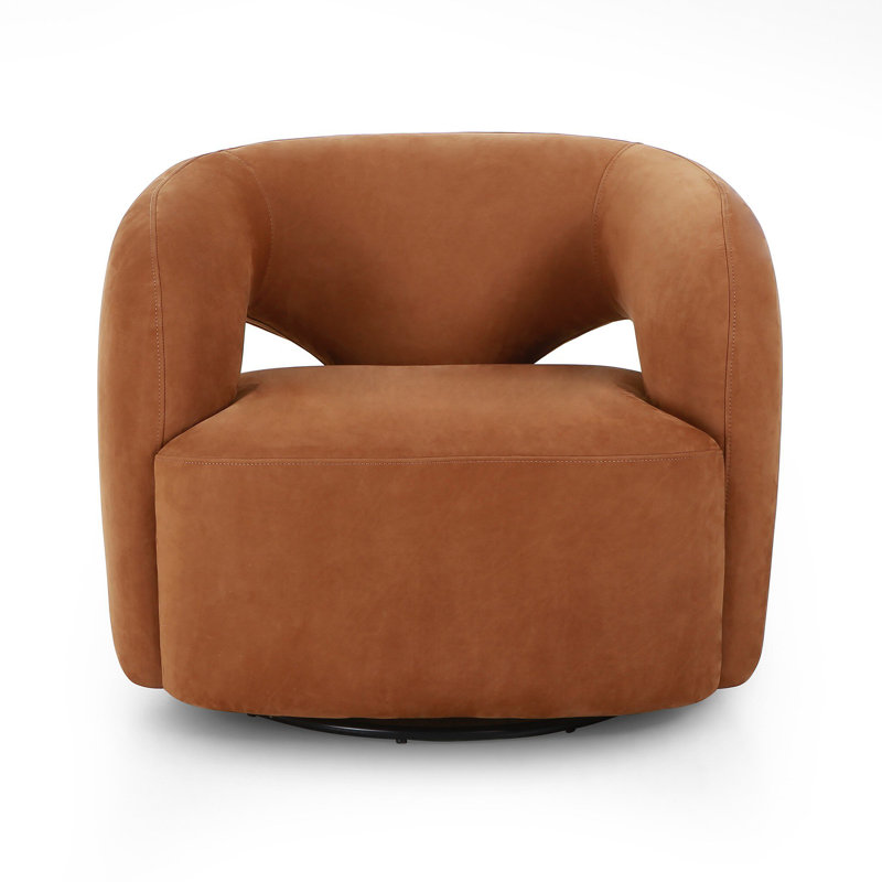 Mazie Swivel Barrel Chair, Nubuck Cognac Top Grain Leather
