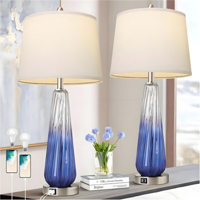 Set Of 2 Touch Control Glass Table Lamps With USB Ports, 3-Way Dimmable Navy Blue Bedside Lights