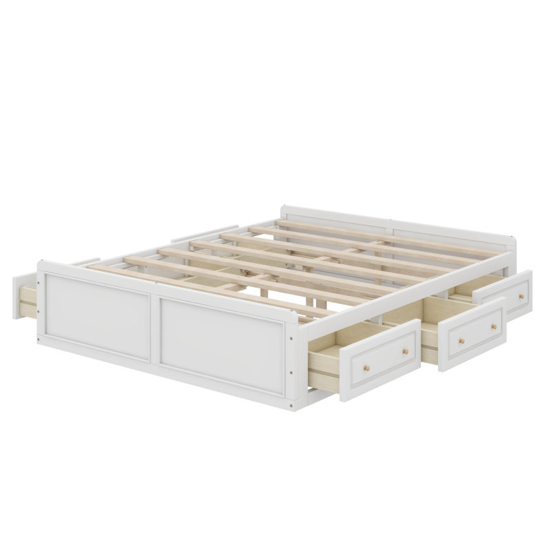 Structure de grand lit en bois avec six tiroirs intégrés, Blanc