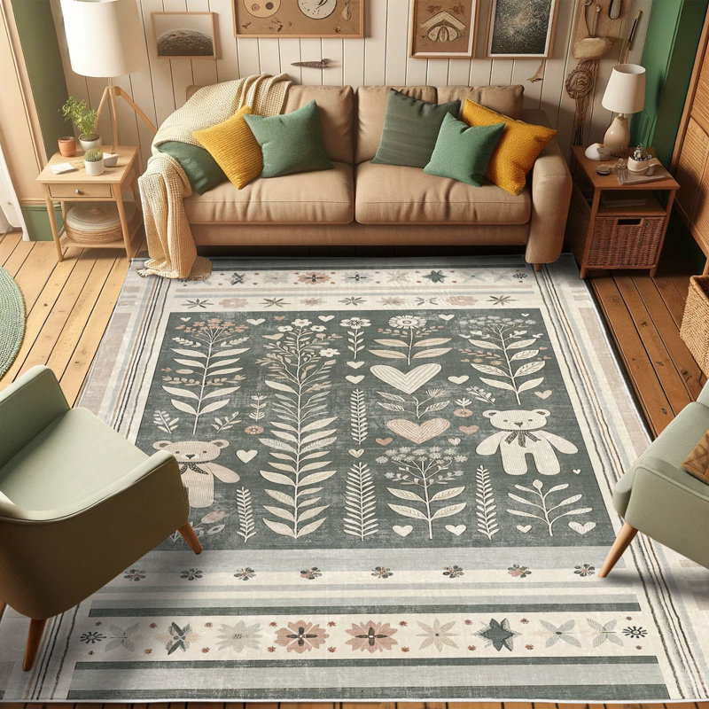 Nordic Botanical Motif Blue Synthetic Area Rug