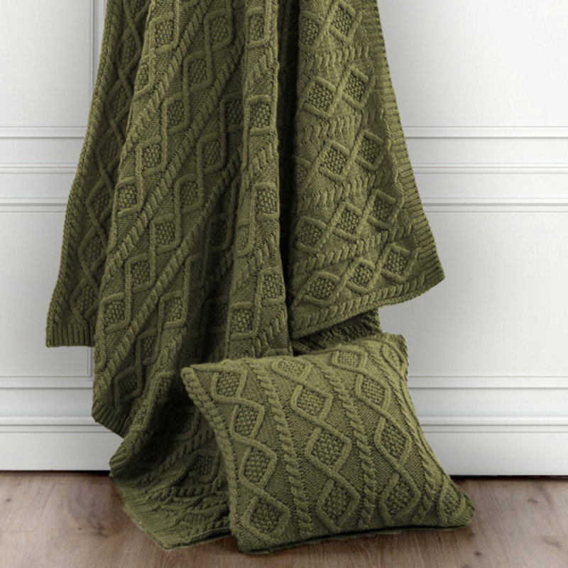 Cable Knit Wool Solid Textured Sweater Soft Classic Lodge Throw Blanket, Sage Green