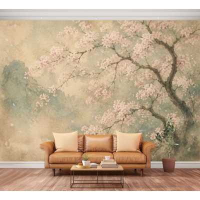 Wall Mural Peel and Stick Wallpaper Vintage Cherry Blossom Trees Distressed Teal Self-Adhesive Removable Contact Paper Wall Decor for Living Room Bedroom 100"H x 144"W