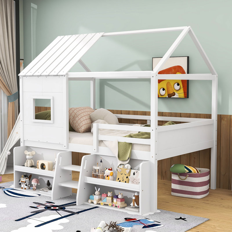 Lit mezzanine House avec tablettes et garde-corps, Full, White