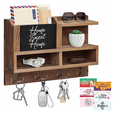 Brown Wooden Wall Mail & Key Holder, 8 Hooks with Chalkboard Mirror & 3 Greeting Card Slots
