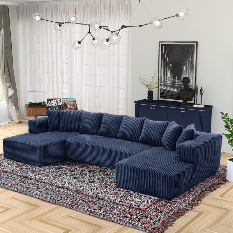 Boneless Modern Modular Oversized U-Shaped Sectional Sofa With 8 Pillows, Blue Corduroy